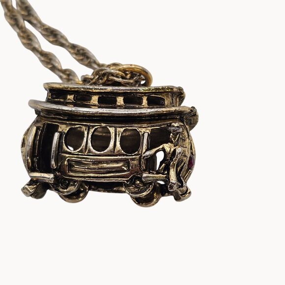 VTG Necklace Brass Tone Trolley Train Box Car Whimsigoth Steampunk Fashion - Picture 15 of 16